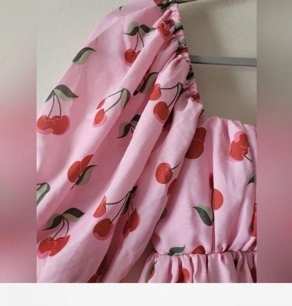 Smak Parlour Dress sz 3X pink cherry print off shoulder tulle flare mod quirky - Picture 3 of 9